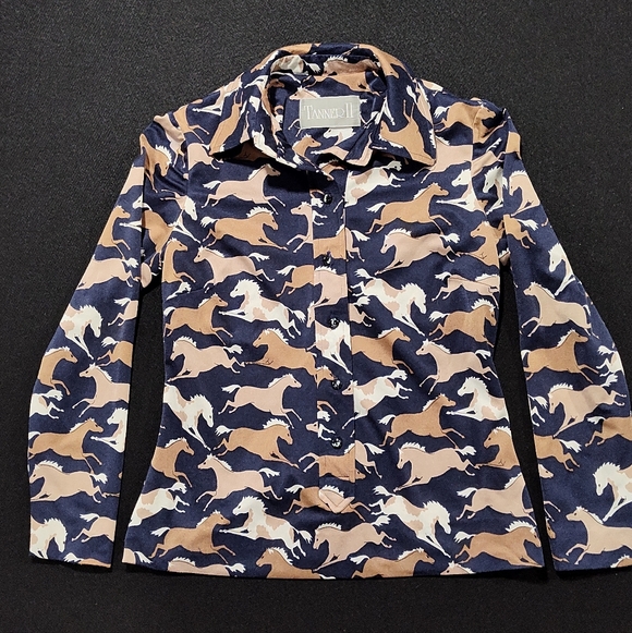 Tanner II Tops - Tanner II Women's Horse Print Long Sleeve, Button Up Shirt, Size 8, Blue & Brown